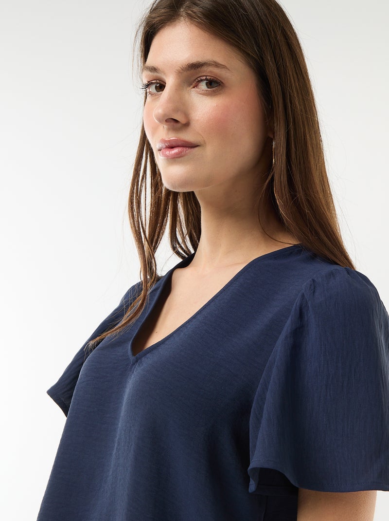 Blusa de manga curta e decote em V Azul marinho - Kiabi