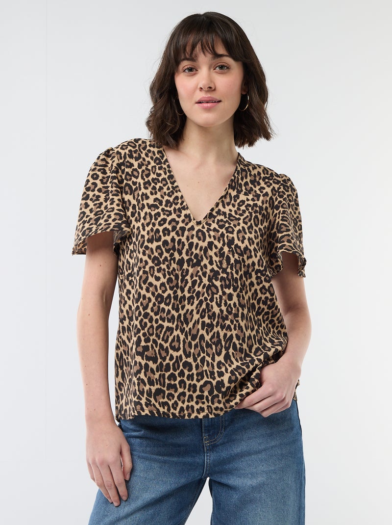 Blusa de manga curta e decote em V Bege - Kiabi