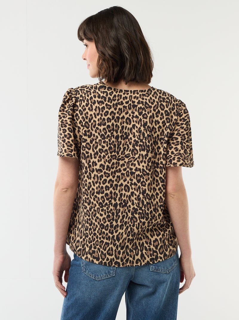 Blusa de manga curta e decote em V Bege - Kiabi