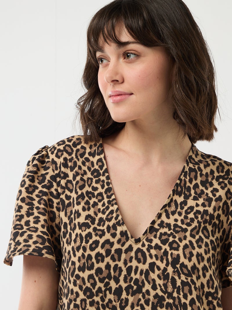 Blusa de manga curta e decote em V Bege - Kiabi