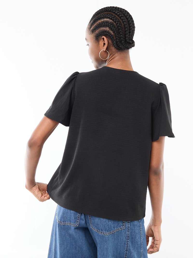 Blusa de manga curta e decote em V Preto - Kiabi