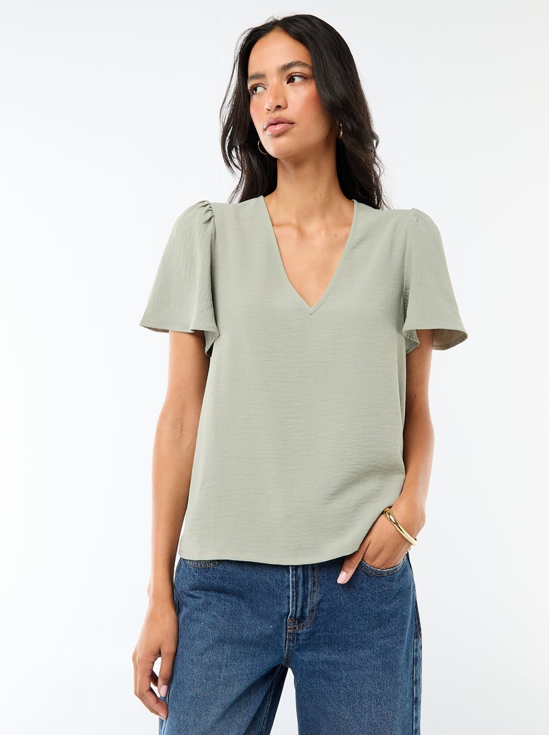 Blusa de manga curta e decote em V Verde - Kiabi