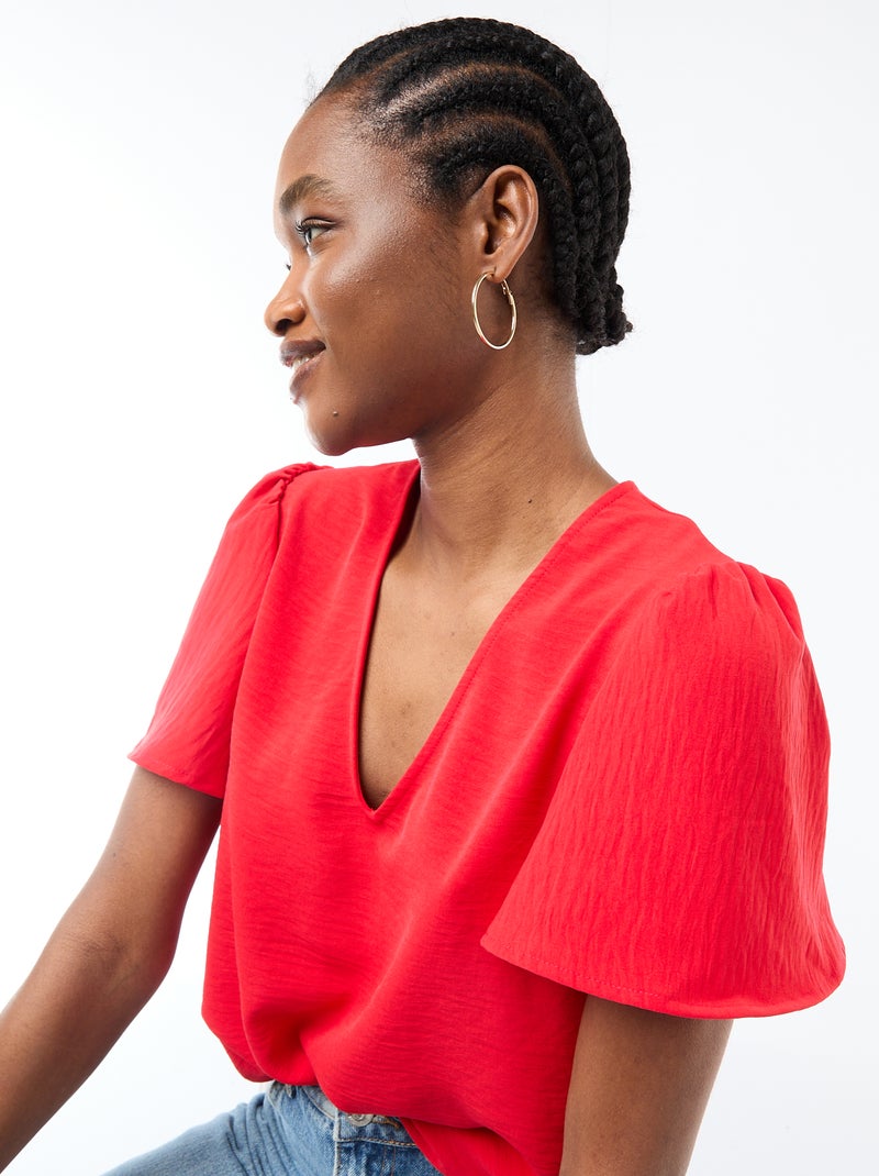 Blusa de manga curta e decote em V Vermelho - Kiabi