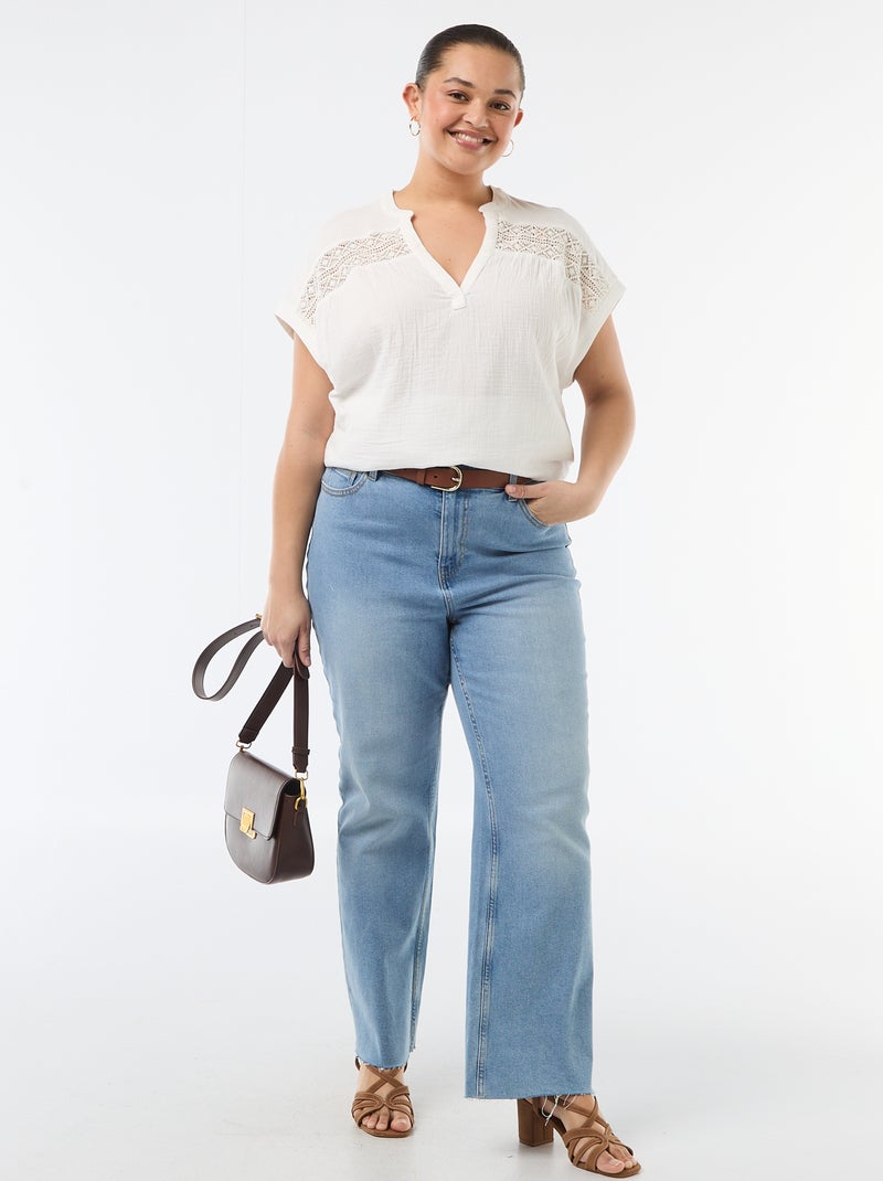 Blusa de manga curta em dupla gaze de algodão Branco - Kiabi