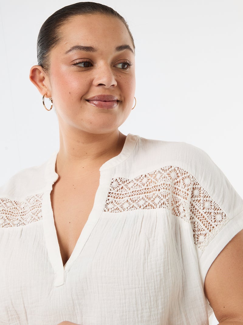 Blusa de manga curta em dupla gaze de algodão Branco - Kiabi