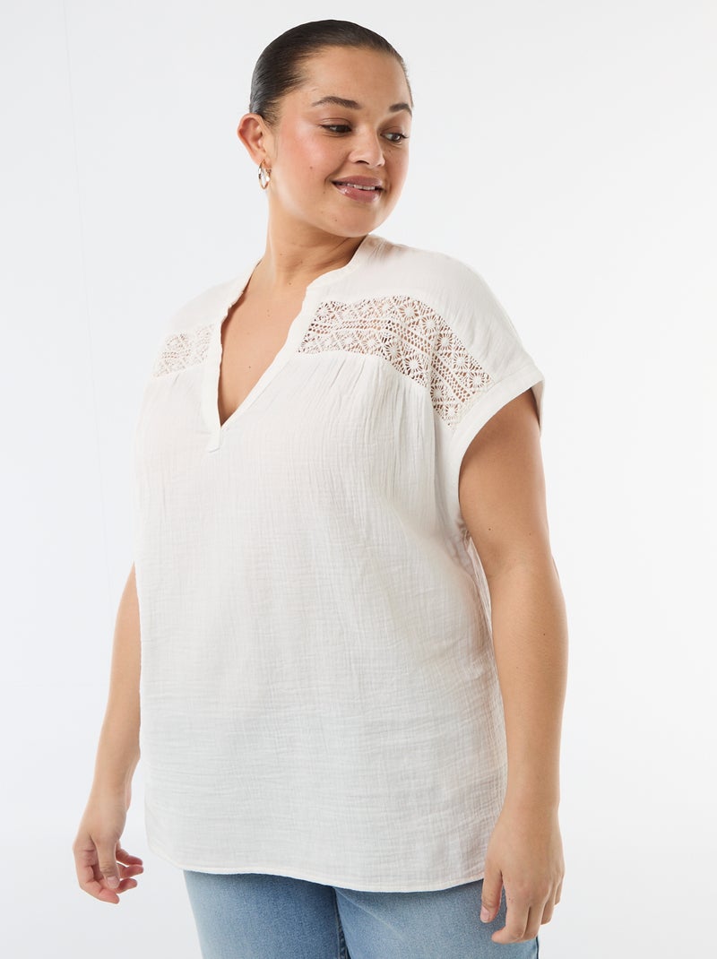Blusa de manga curta em dupla gaze de algodão Branco - Kiabi