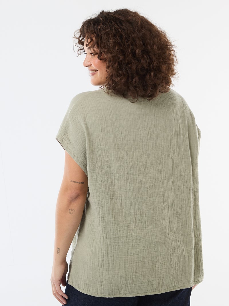 Blusa de manga curta em dupla gaze de algodão Verde - Kiabi