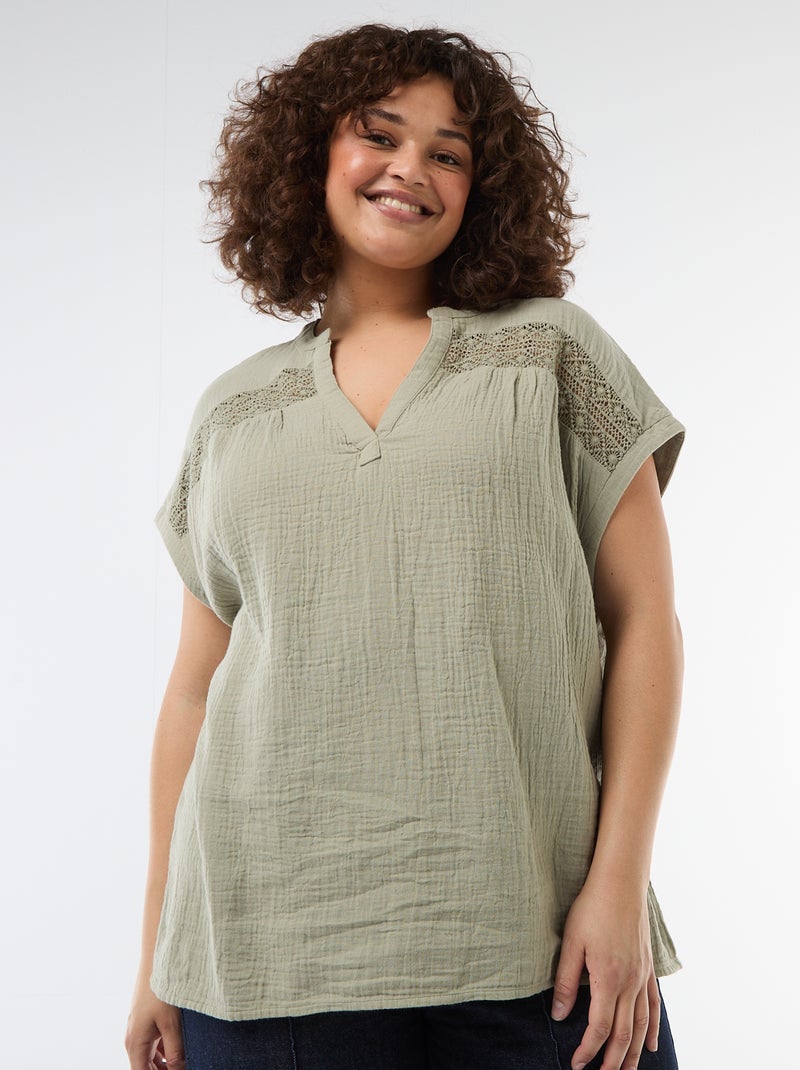 Blusa de manga curta em dupla gaze de algodão Verde - Kiabi