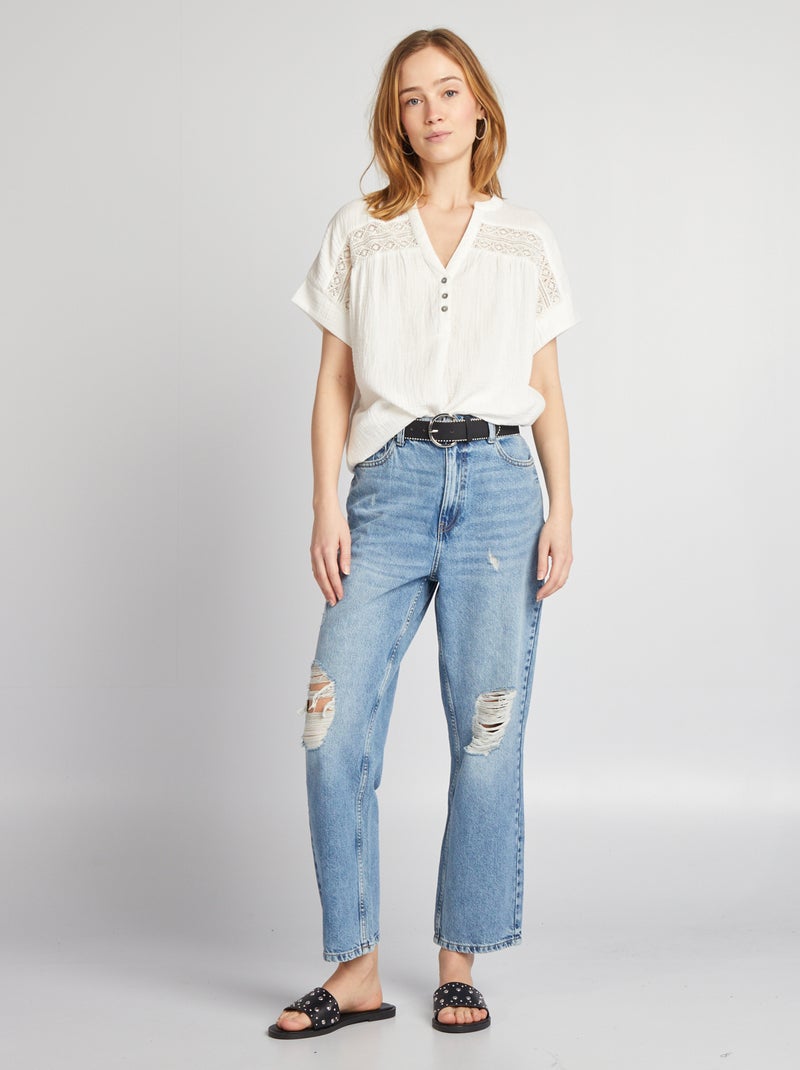 Blusa de manga curta em gaze de algodão Branco - Kiabi