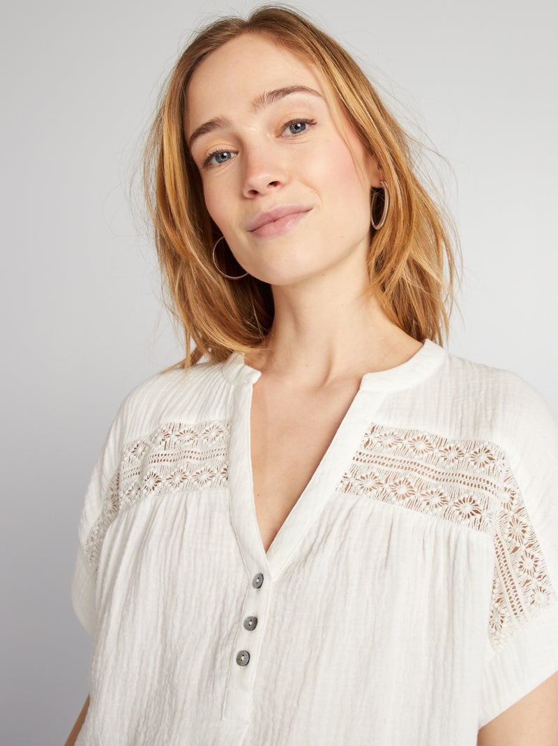Blusa de manga curta em gaze de algodão Branco - Kiabi