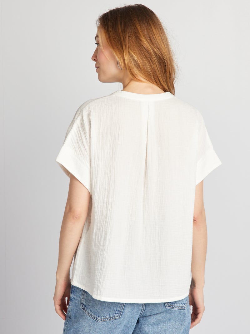 Blusa de manga curta em gaze de algodão Branco - Kiabi
