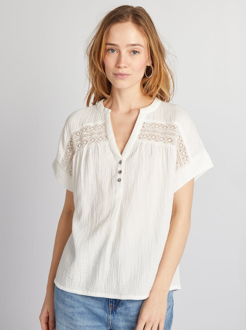 Blusa de manga curta em gaze de algodão Branco - Kiabi