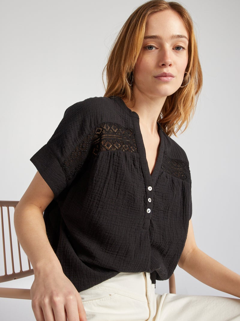 Blusa de manga curta em gaze de algodão Preto - Kiabi
