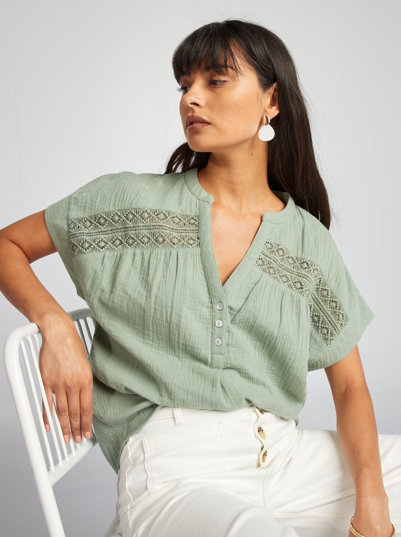 Blusa de manga curta em gaze de algodão VERDE - Kiabi