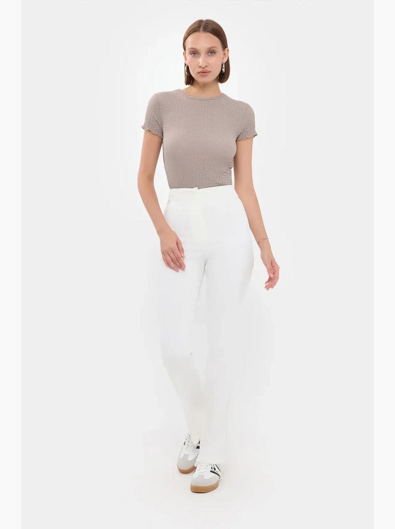 Blusa de manga curta em tecido frisado com decote redondo hiccup Bege natural - Kiabi