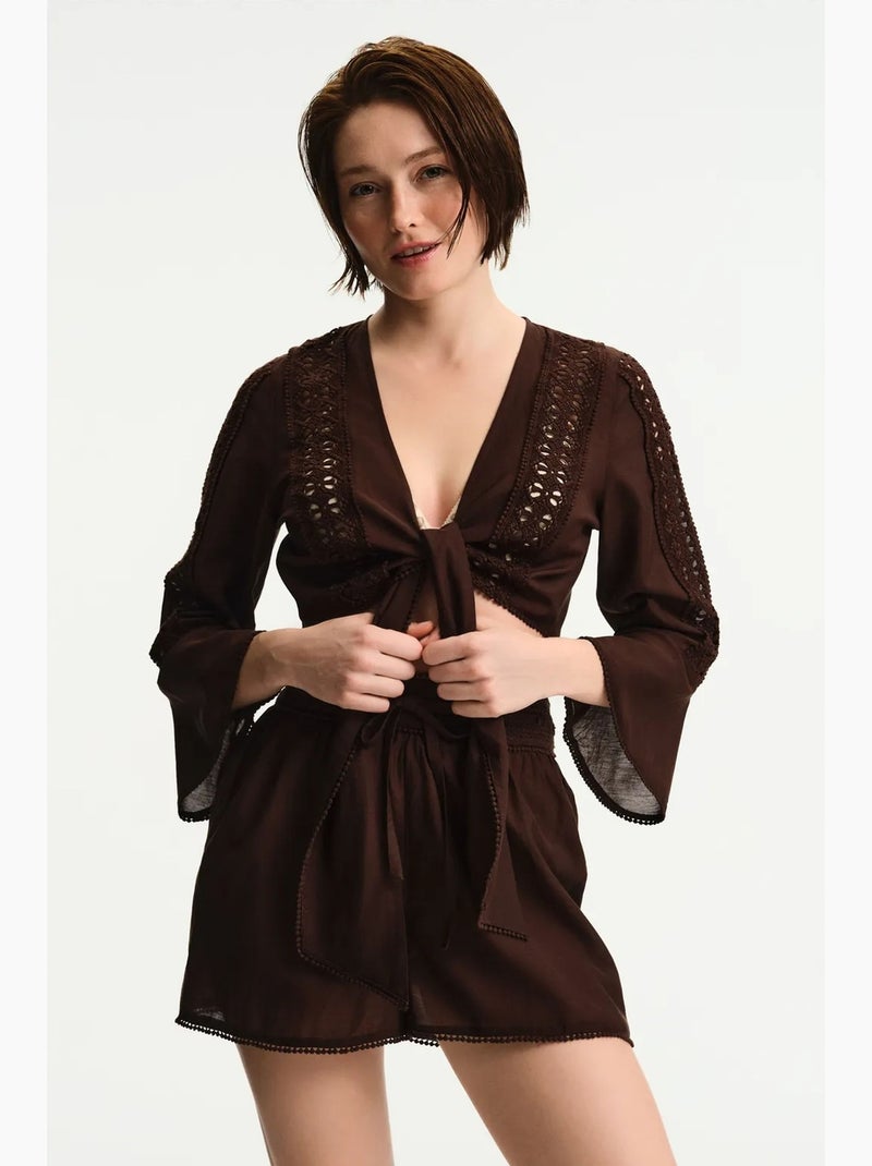 Blusa de manga curta penti Castanho-chocolate - Kiabi