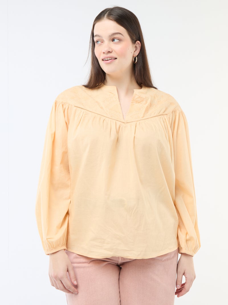 Blusa de mangas compridas com bordados Bege - Kiabi