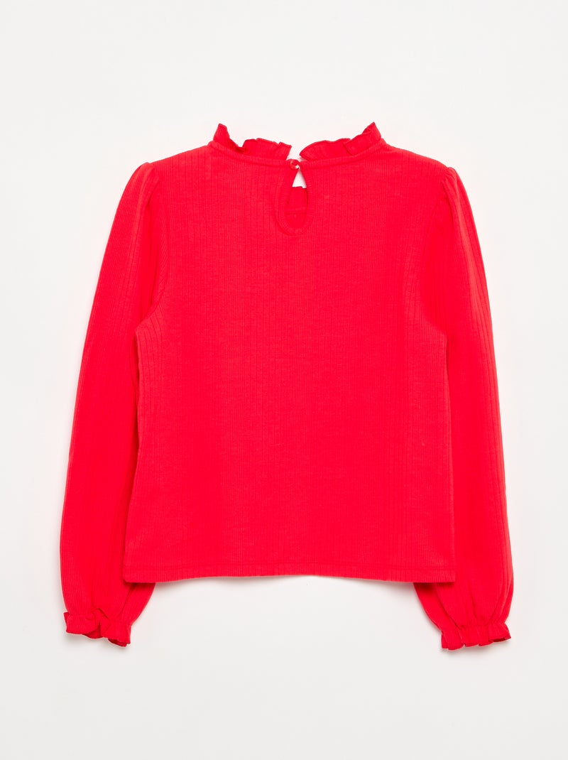 Blusa de mangas compridas com gola com folhos Vermelho - Kiabi