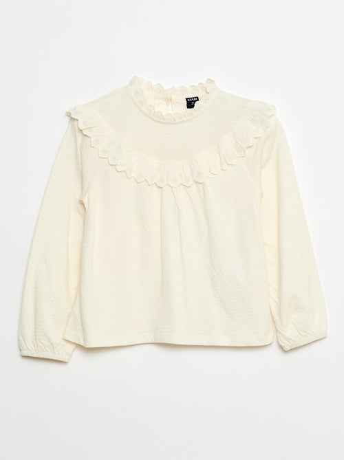 Blusa de mangas compridas com gola redonda e peitilho com folhos e bordados - Kiabi