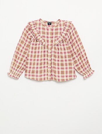 Blusa de mangas compridas em gaze de algodão com folhos