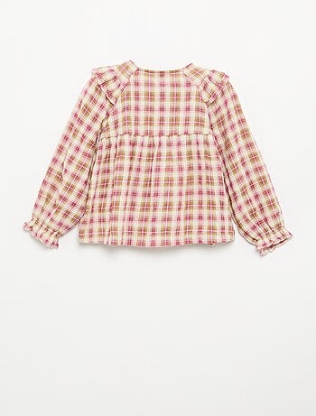 Blusa de mangas compridas em gaze de algodão com folhos