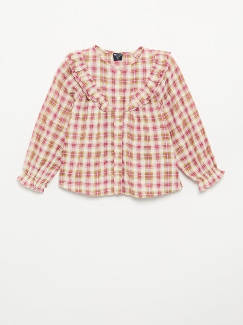 Blusa de mangas compridas em gaze de algodão com folhos - Kiabi Blusa de mangas compridas em gaze de algodão com folhos - Kiabi