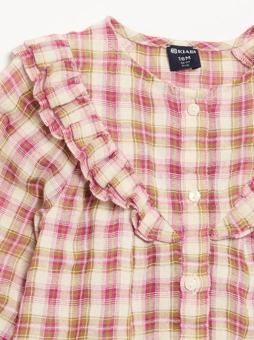 Blusa de mangas compridas em gaze de algodão com folhos - Kiabi Blusa de mangas compridas em gaze de algodão com folhos - Kiabi