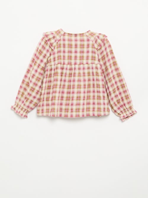 Blusa de mangas compridas em gaze de algodão com folhos - Kiabi Blusa de mangas compridas em gaze de algodão com folhos - Kiabi