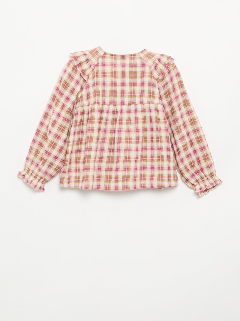 Blusa de mangas compridas em gaze de algodão com folhos Rosa - Kiabi
