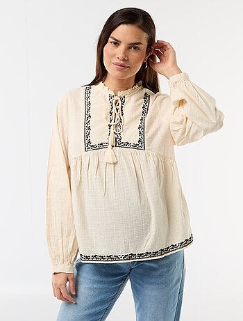 Blusa de maternidade bordada em gaze de algodão
