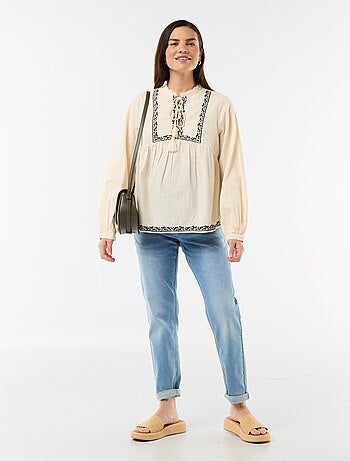 Blusa de maternidade bordada em gaze de algodão