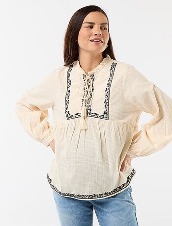 Blusa de maternidade bordada em gaze de algodão