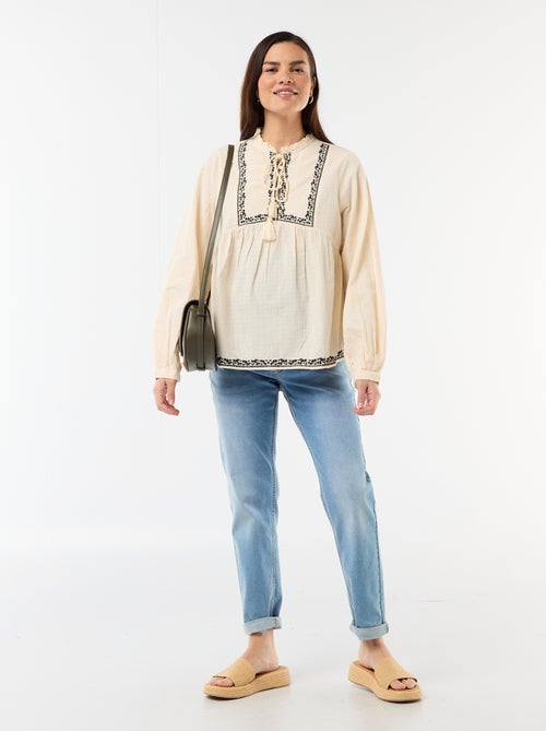 Blusa de maternidade bordada em gaze de algodão - Kiabi