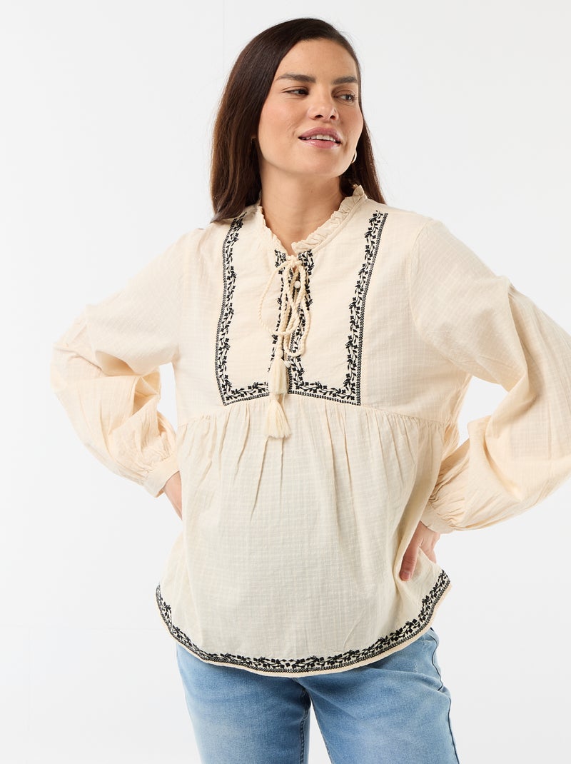 Blusa de maternidade bordada em gaze de algodão Branco - Kiabi