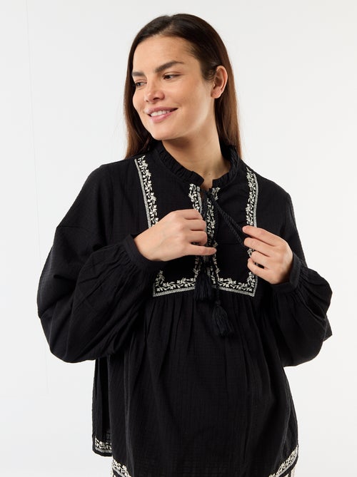 Blusa de maternidade bordada em gaze de algodão - Kiabi