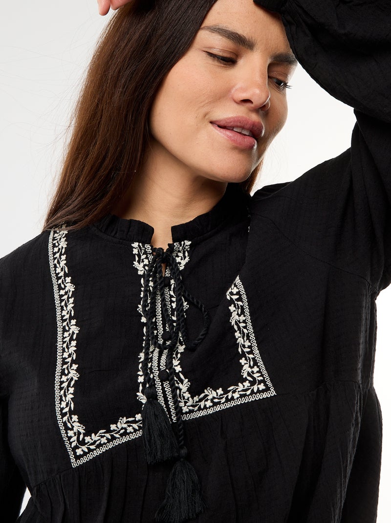 Blusa de maternidade bordada em gaze de algodão Preto - Kiabi