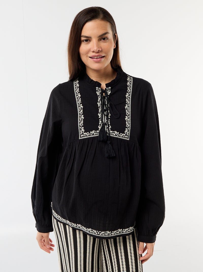 Blusa de maternidade bordada em gaze de algodão Preto - Kiabi