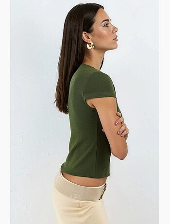 Blusa de mistura de algodão com gola redonda e manga curta busem