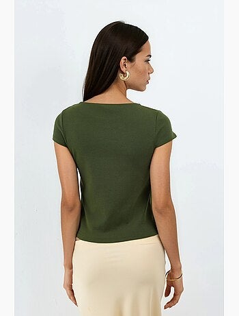 Blusa de mistura de algodão com gola redonda e manga curta busem