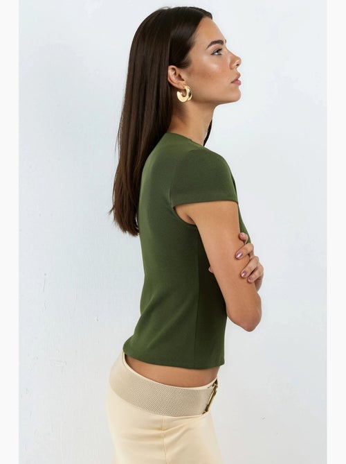 Blusa de mistura de algodão com gola redonda e manga curta busem - Kiabi
