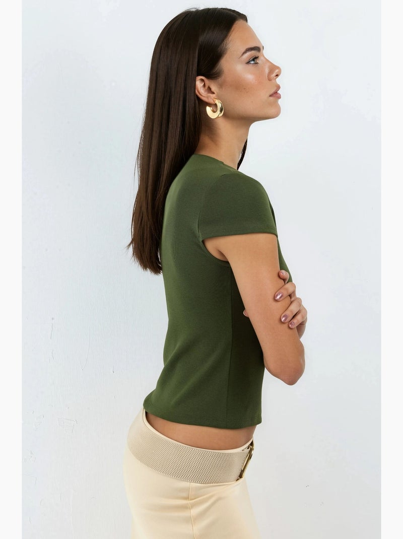 Blusa de mistura de algodão com gola redonda e manga curta busem Cáqui - Kiabi