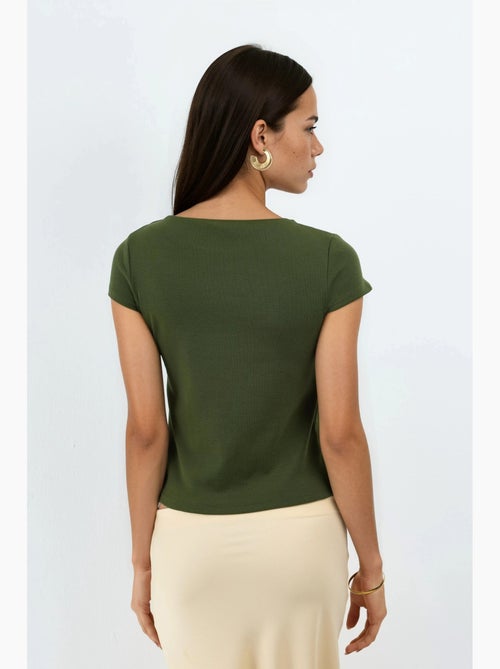 Blusa de mistura de algodão com gola redonda e manga curta busem - Kiabi