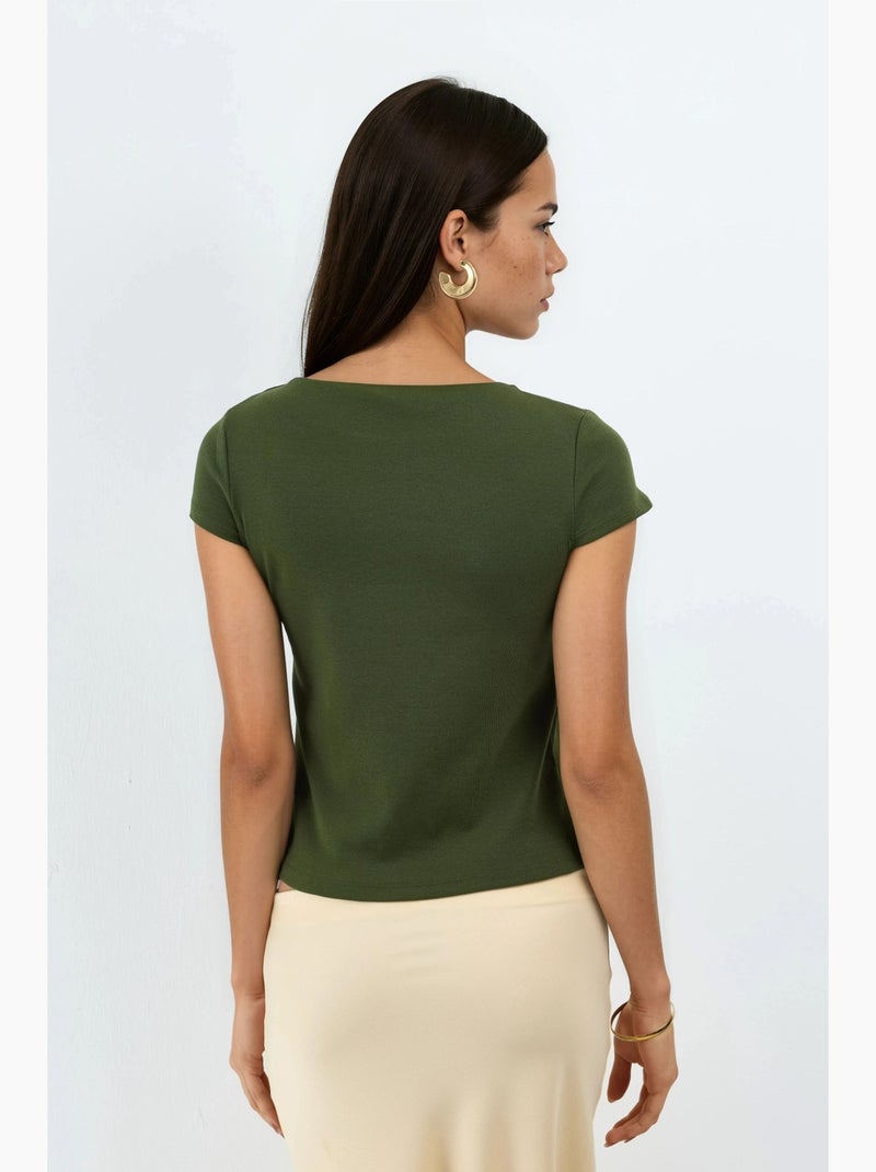 Blusa de mistura de algodão com gola redonda e manga curta busem Cáqui - Kiabi
