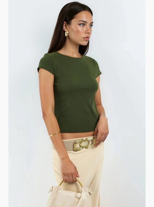 Blusa de mistura de algodão com gola redonda e manga curta busem - Kiabi