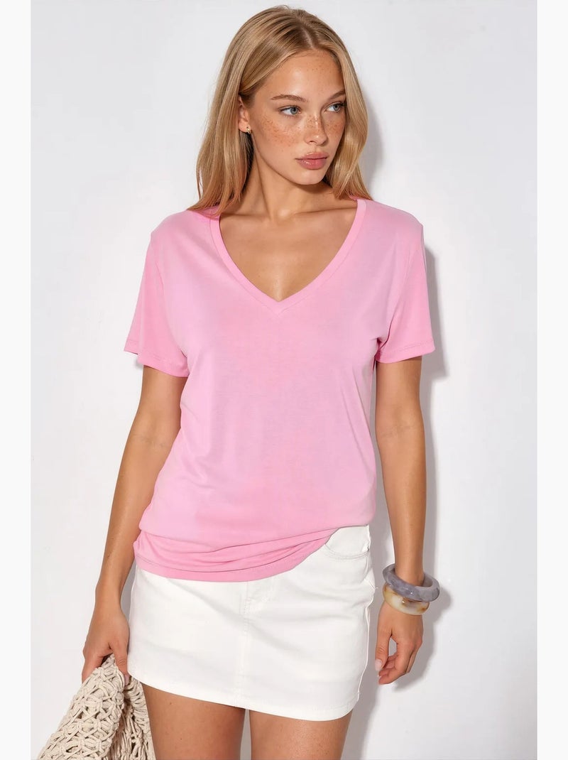 Blusa de modal com decote em v e manga curta busem Rosa - Kiabi