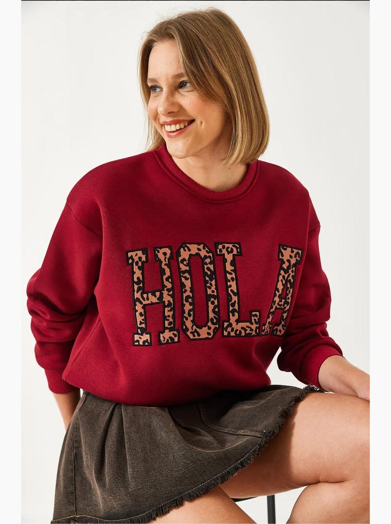 Blusa de moletão escovada com três camadas e bordado leopardo lucci Vermelho bordô - Kiabi