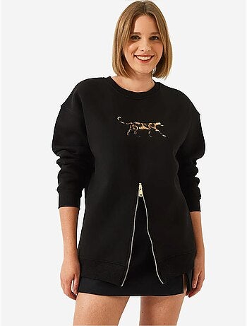 Blusa de moletom com padrão leopardo e fecho frontal escovado de três fios lucci
