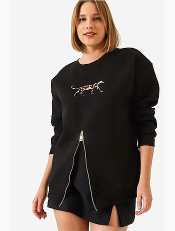 Blusa de moletom com padrão leopardo e fecho frontal escovado de três fios lucci