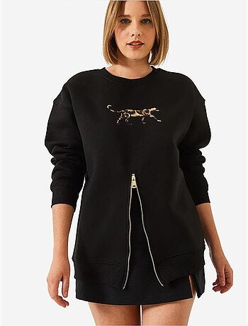 Blusa de moletom com padrão leopardo e fecho frontal escovado de três fios lucci