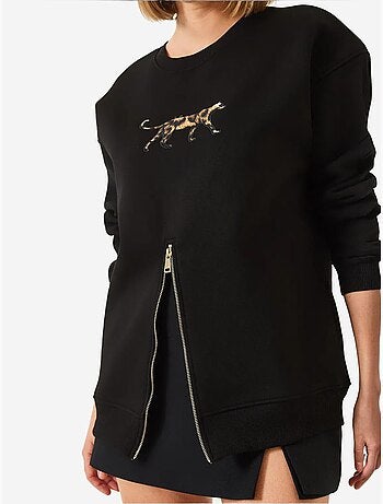 Blusa de moletom com padrão leopardo e fecho frontal escovado de três fios lucci